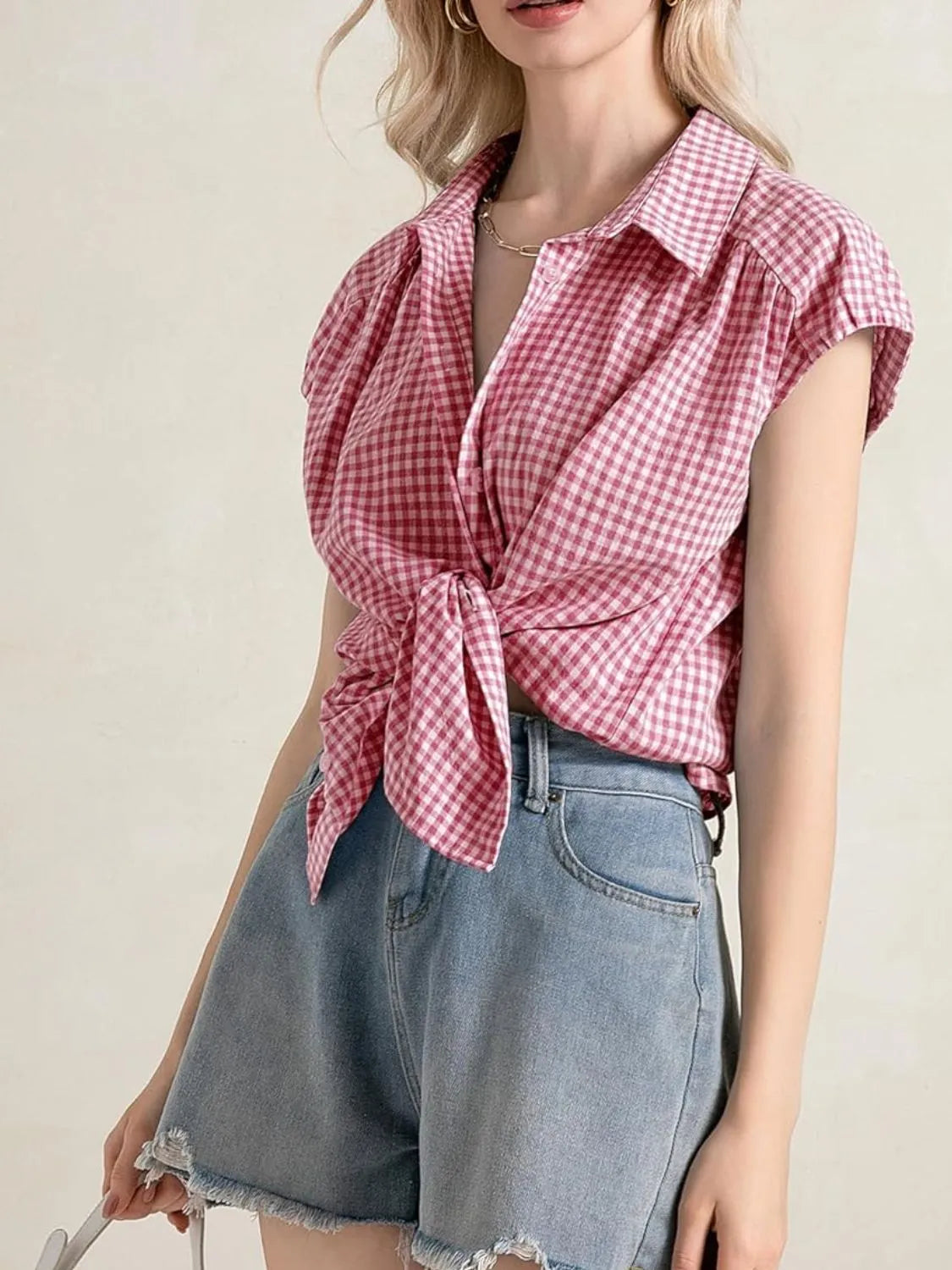 Plaid Button Up Cap Sleeve Shirt 7d9be016-23eb-4107-8204-cc6083085f3c-Max-Origin
