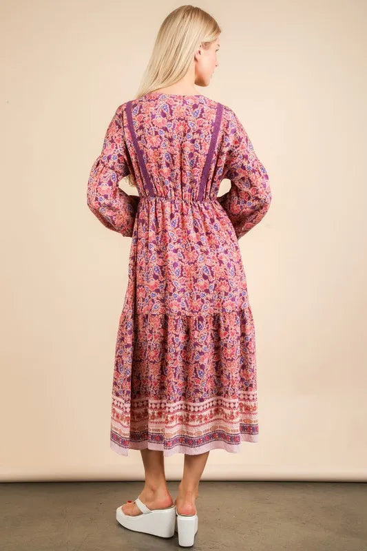 VERY J Floral Printed Boho V-Neck Balloon Sleeve Dress 7d9c8f937a96433dbc3b5efa0195db1d-Max-Origin