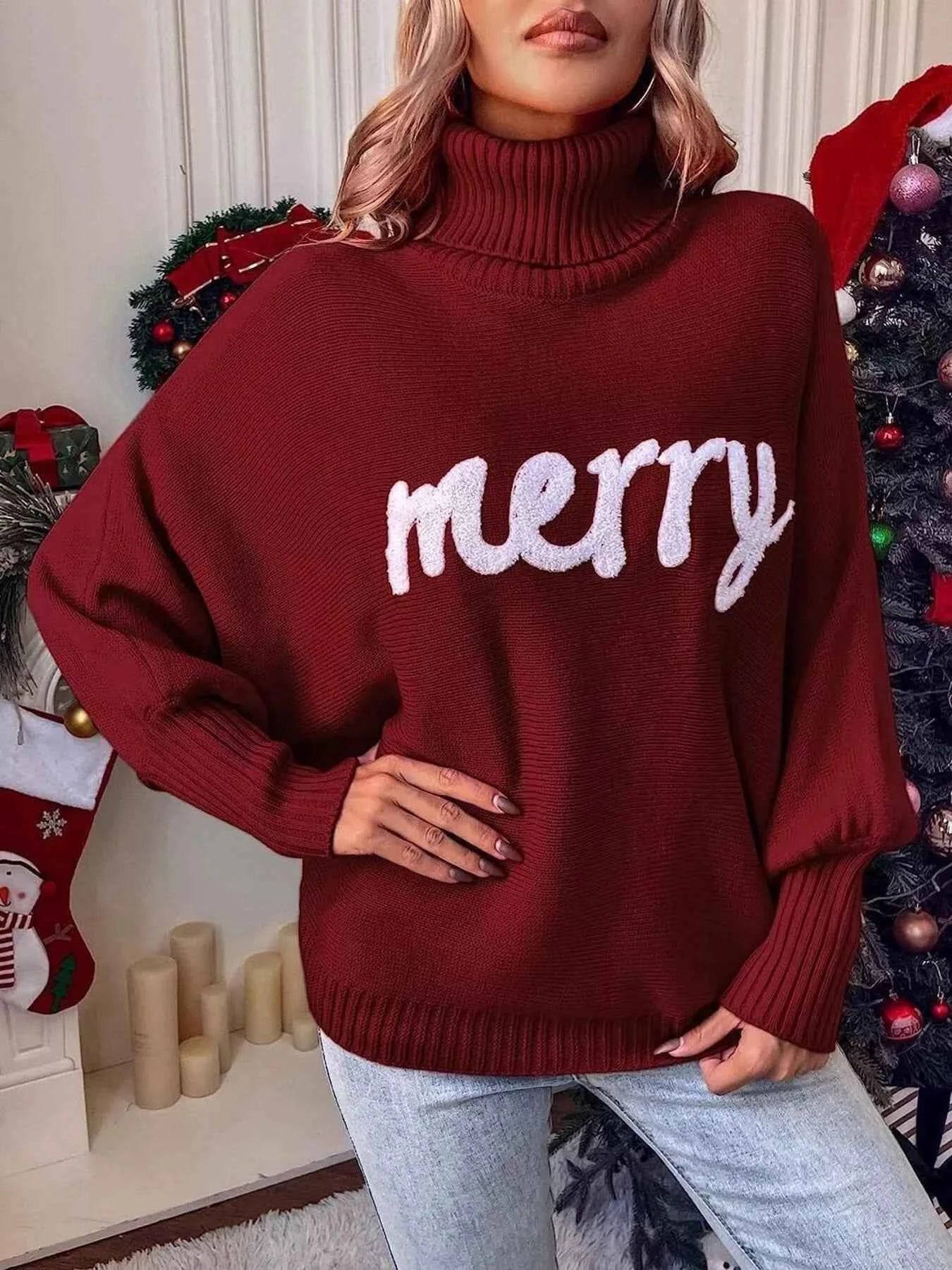 Merry Turtleneck Long Sleeve Christmas Sweater Burgundy 7d9ed9a7890e484ca9ff66d8d0c75931-Max-Origin