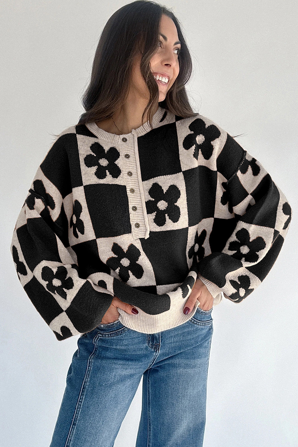 Red Dahlia Flower Colorblock Checkered Henley Sweater 7da07fd242892f42