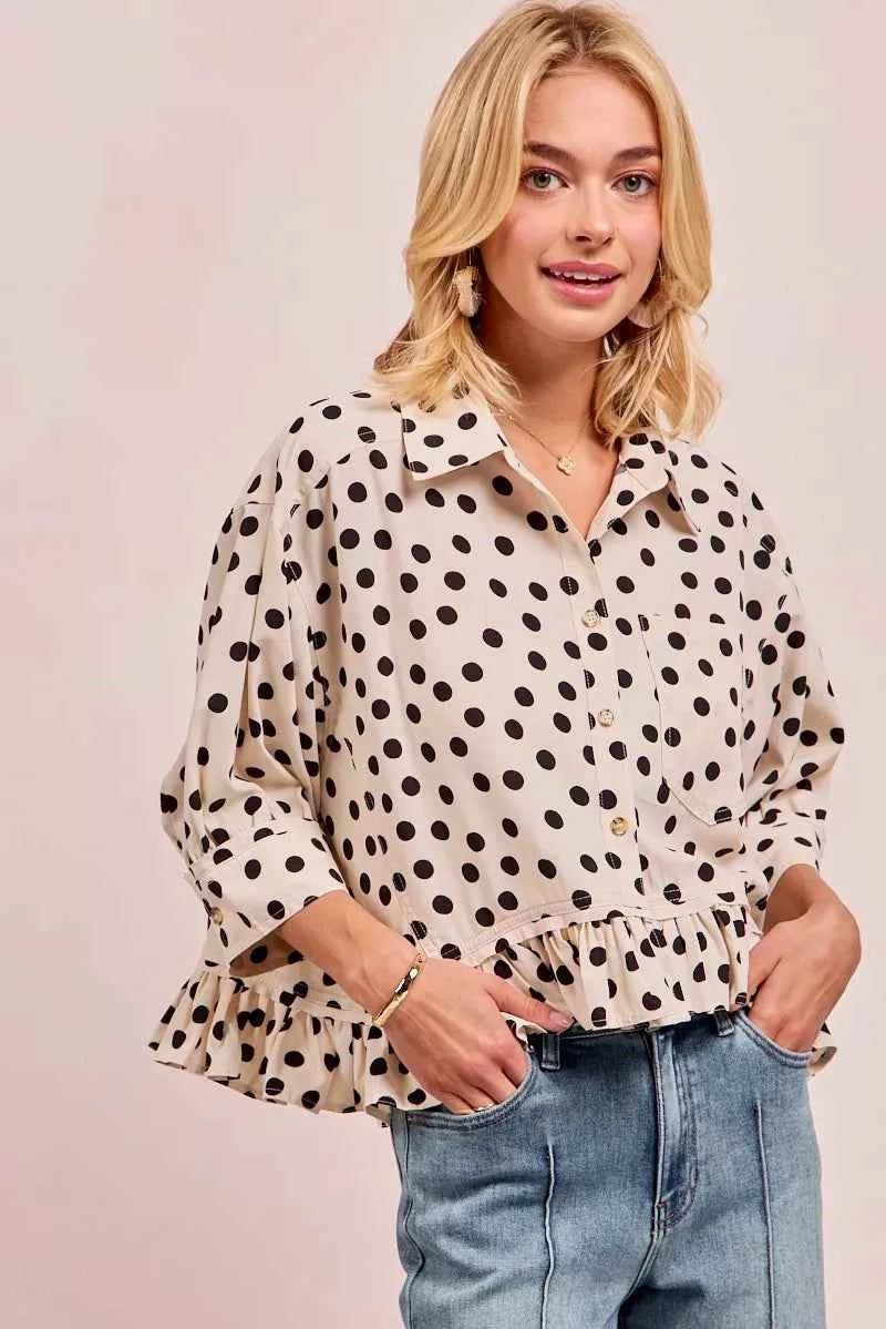 Polka Dot Printed Peplum Top with Front Button 7da10f7120af41f480306f7b1b67fc40-Max-Origin