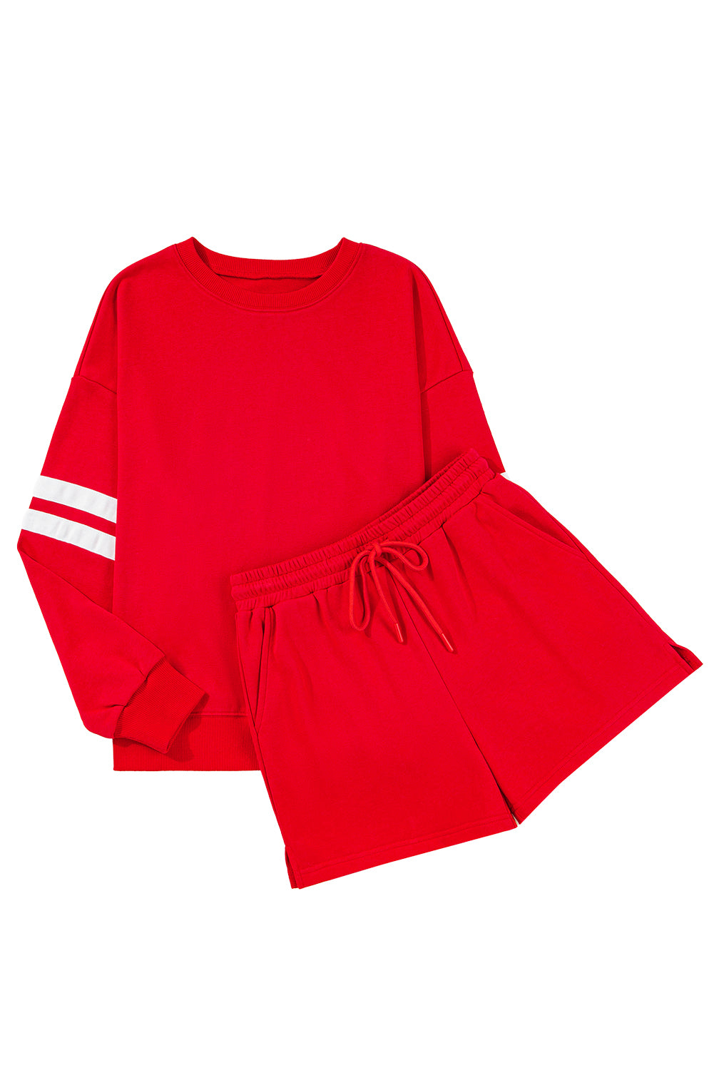 Orange Varsity Striped Sleeve Drop Shoulder Sweatshirt and Shorts Set Fiery Red 65%Polyester+35%Cotton 7da52317f313b20d