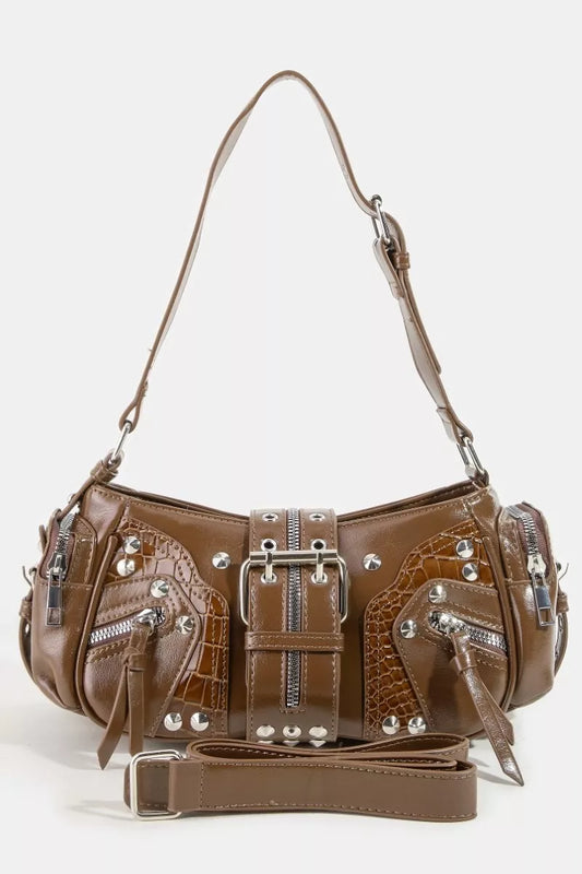 Fame Rivet Detail Leather Shoulder Bag SKA One Size 7da73c61-e754-4f56-80aa-b32ca2d90dad-Max-Origin