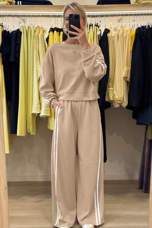 Oatmeal Varsity Striped Detail Crewneck Pullover Elastic Sweatpants 2pcs Outfit 7dab1237ad664a49