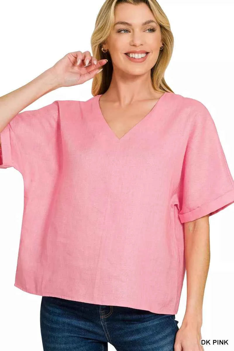 Zenana Linen V-Neck Cuffed Sleeve Top DK PINK 7dab28fa8f474b7aa16831e77c366491-Max-Origin