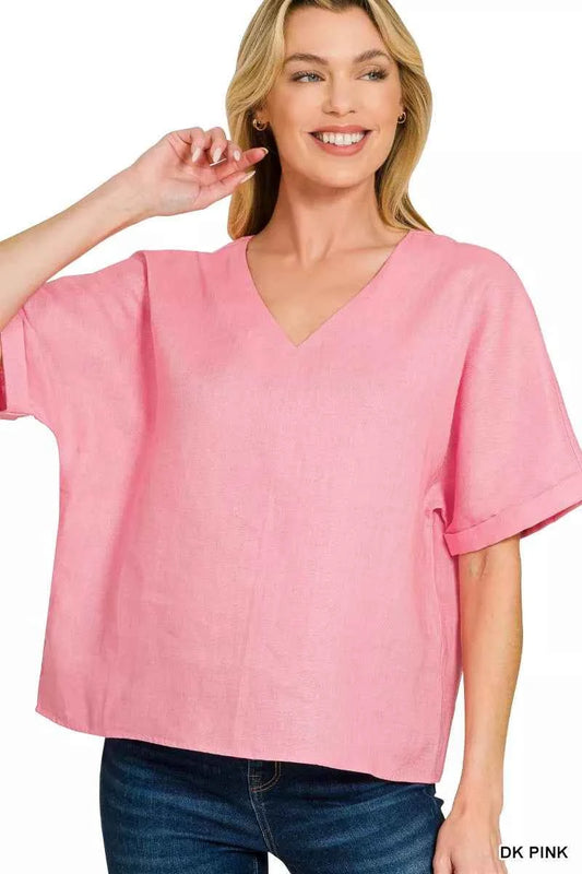 Zenana Linen V-Neck Cuffed Sleeve Top DK PINK 7dab28fa8f474b7aa16831e77c366491-Max-Origin