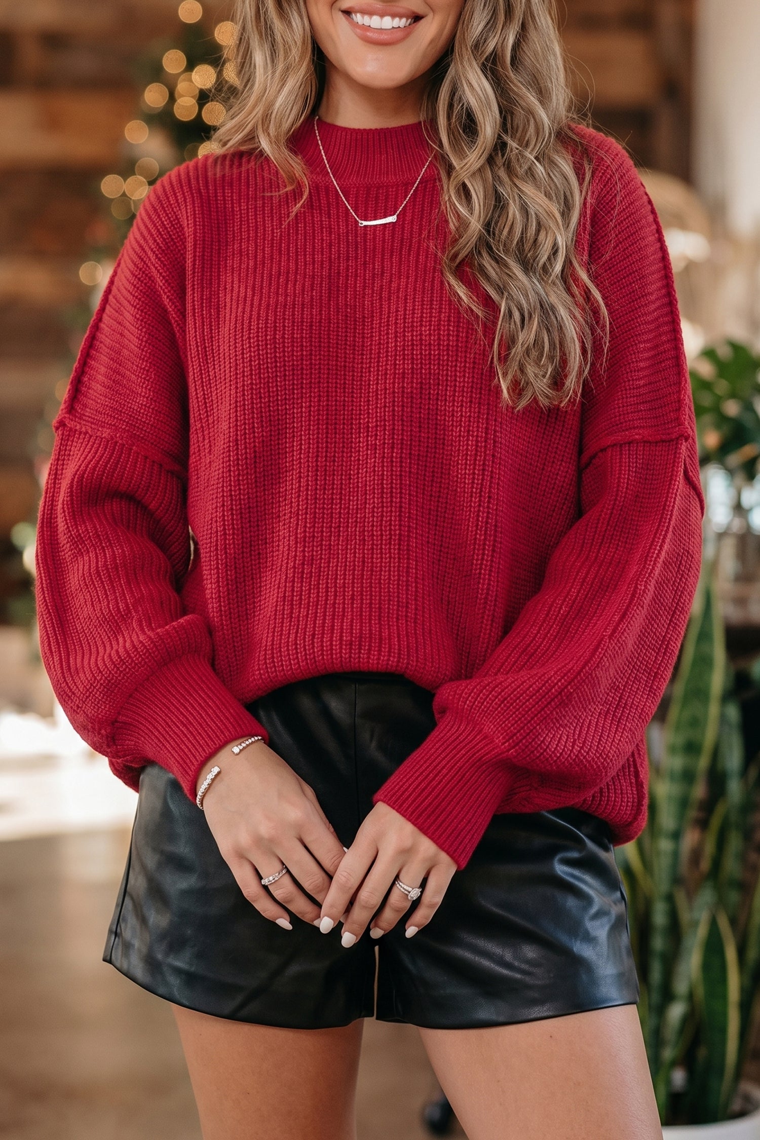Chestnut Long Sleeve Ribbed Knit Stand Neck Regular Fit Sweater Red Dahlia 52%Viscose+26%Polyester+22%Polyamide 7db9d8ea82b07e91