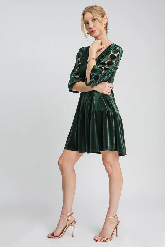 Umgee Dotted Lace Sleeve Tiered Velvet Mini Dress 7dbca75f-352a-4b9d-bd07-13a88a4e54e0-Max