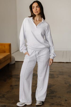 Light Grey Polo Collar V Neck Pullover and Drawstring Sweatpants Set Light Grey 65%Polyester+35%Cotton 7dc429bdd291fcd5