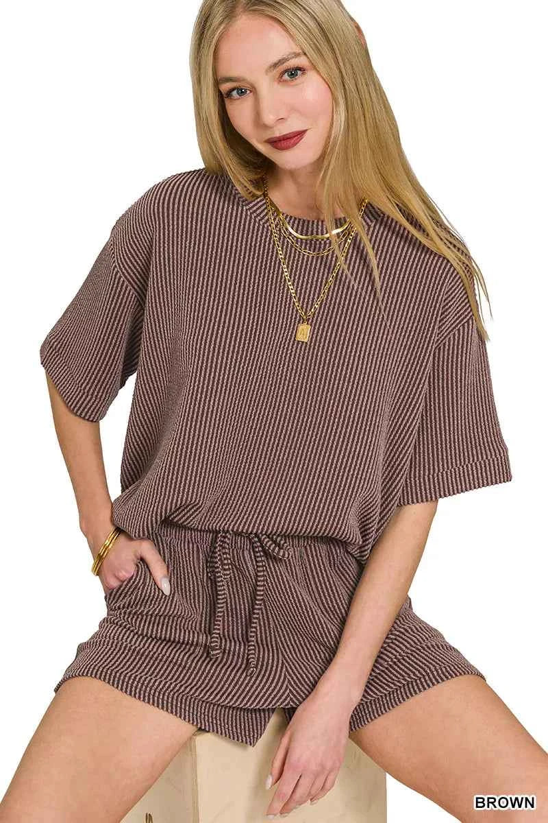Zenana Raised Rib Short Sleeve Tee and Drawstring Shorts Set 7dc6148a-6812-4d7d-897c-8f54a1671dcc-Max-Origin