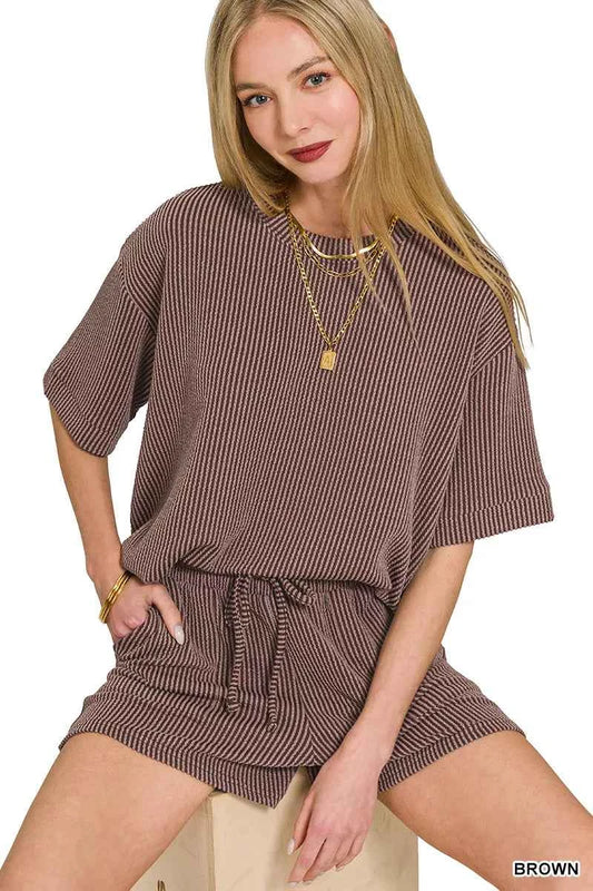 Raised Rib Short Sleeve Tee and Drawstring Shorts Set 7dc6148a-6812-4d7d-897c-8f54a1671dcc-Max-Origin