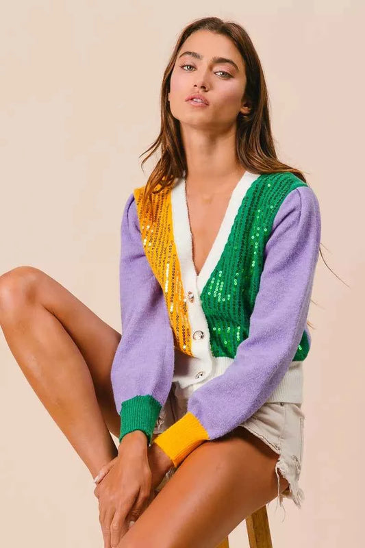 Mardi Gras Color Block Sequin Sweater Cardigan 7dcbed51996e4460b6e24d8b2742c4aa-Max-Origin