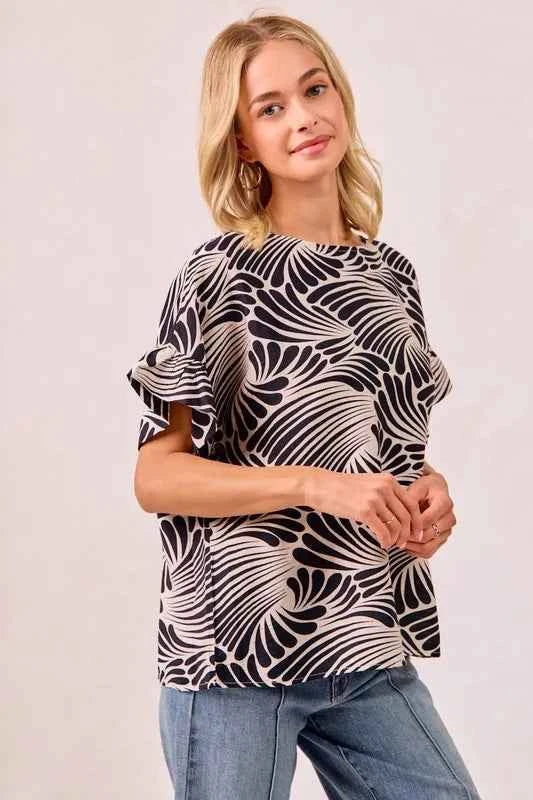 BiBi Print Woven Ruffled Sleeves Top 7dcd118a-8014-4e6e-80fa-4cdfded362aa-Max-Origin