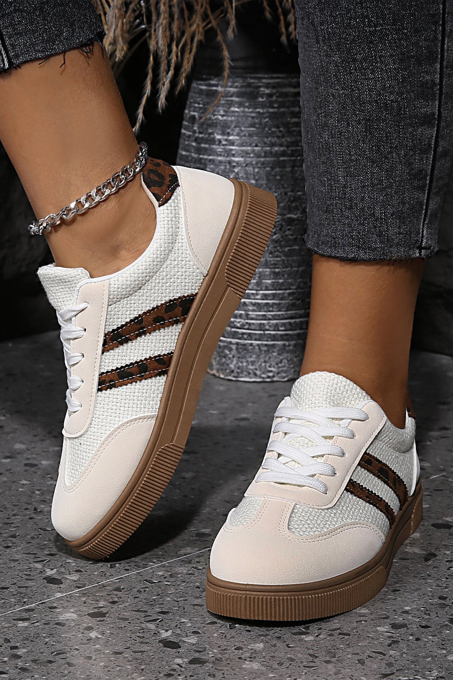 White Textured Woven PU Leather Leopard Patchwork Flat Sneakers 7dd27e558f56893e