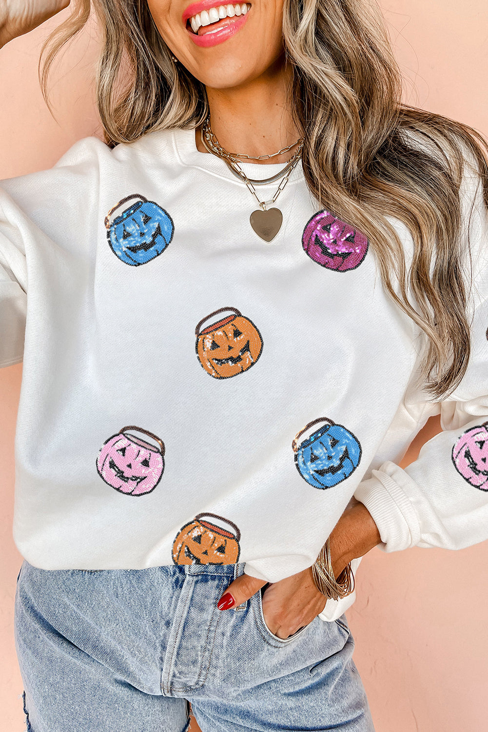 White Halloween Pumpkin Lantern Sequin Patched Sweatshirt 7de08f99d420f1a1