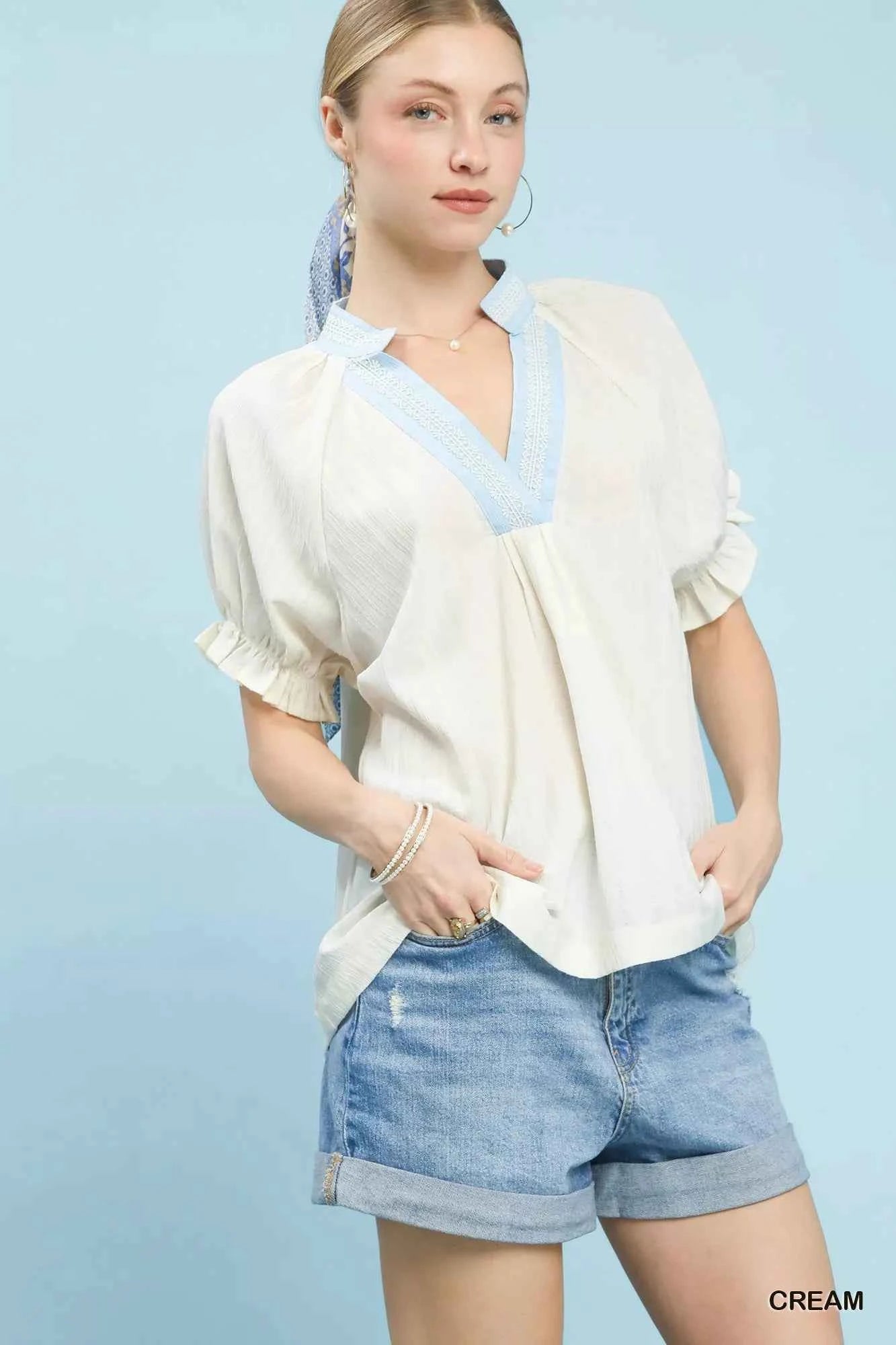 Textured V-Neck Top with Lace Trim Details 7de3128b-41b2-4b7e-b42b-000d32da0a7f-Max-Origin
