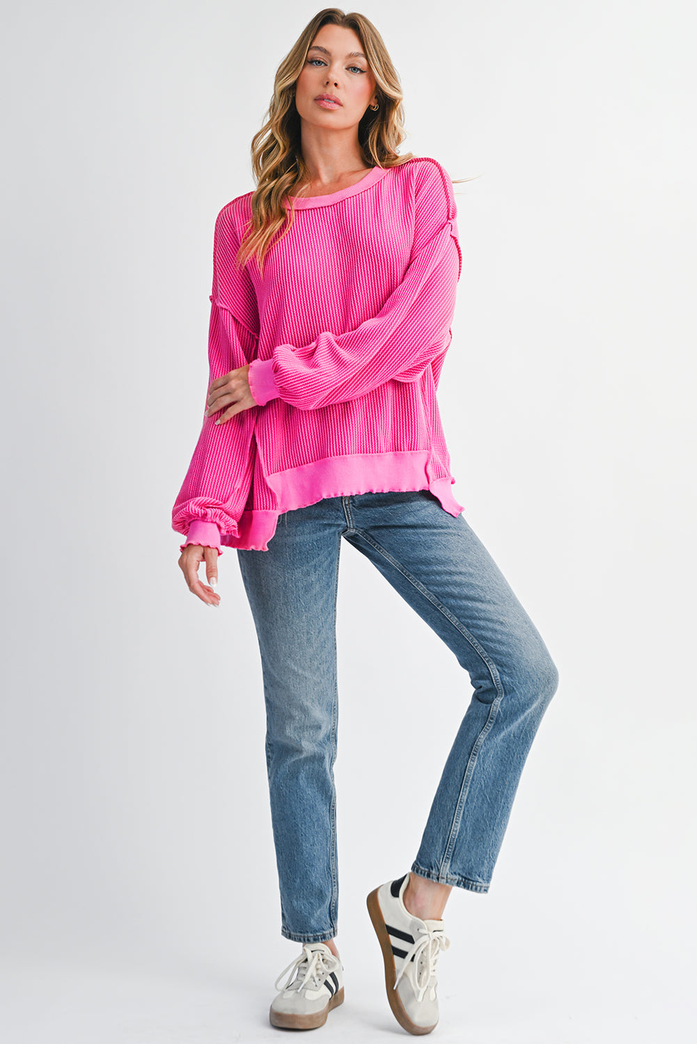 Strawberry Pink Twisted Ribbed Seamed Patchwork Long Sleeve Top 7de561af498e9b25