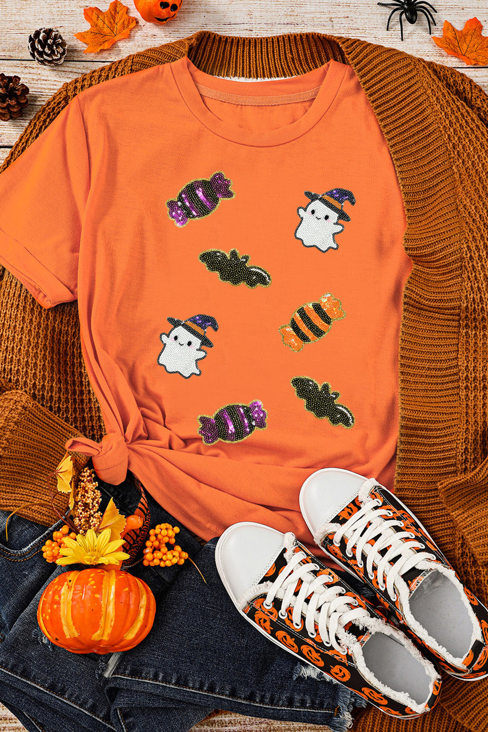 Black Halloween Spirit Pattern Sequins Patch Custom Casual Tee 7de66c811846af40