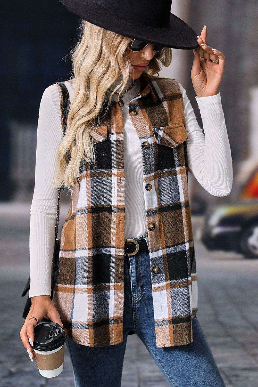 Straw Yellow Button Up Plaid Sleeveless Vest Jacket 7de6dce95ac1e7b8