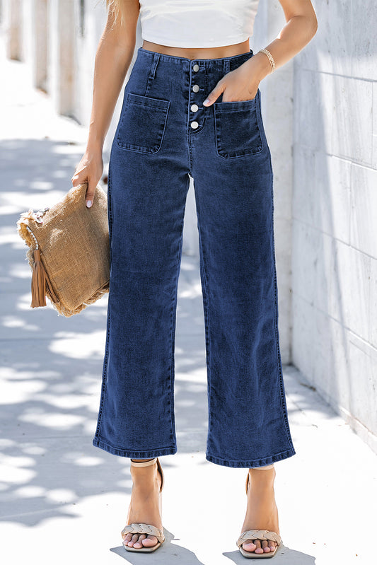 Sail Blue High Waist Button Front Wide Leg Cropped Jeans 7ded2980ee1ae100