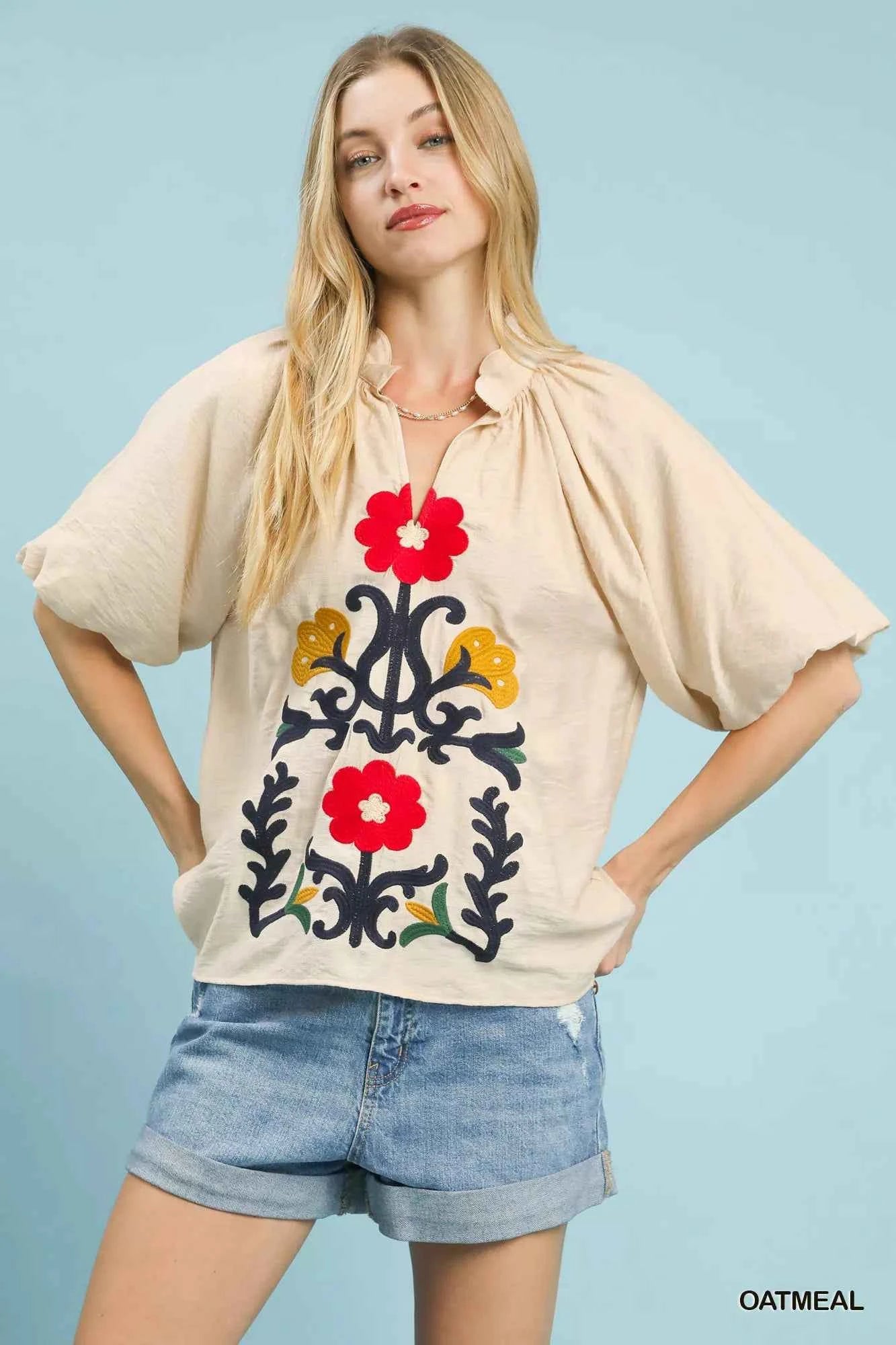 Umgee Embroidered Boho Puff Sleeve Blouse OATMEAL 7df3aab1-05b0-49cb-9695-c95aede80107-Max-Origin