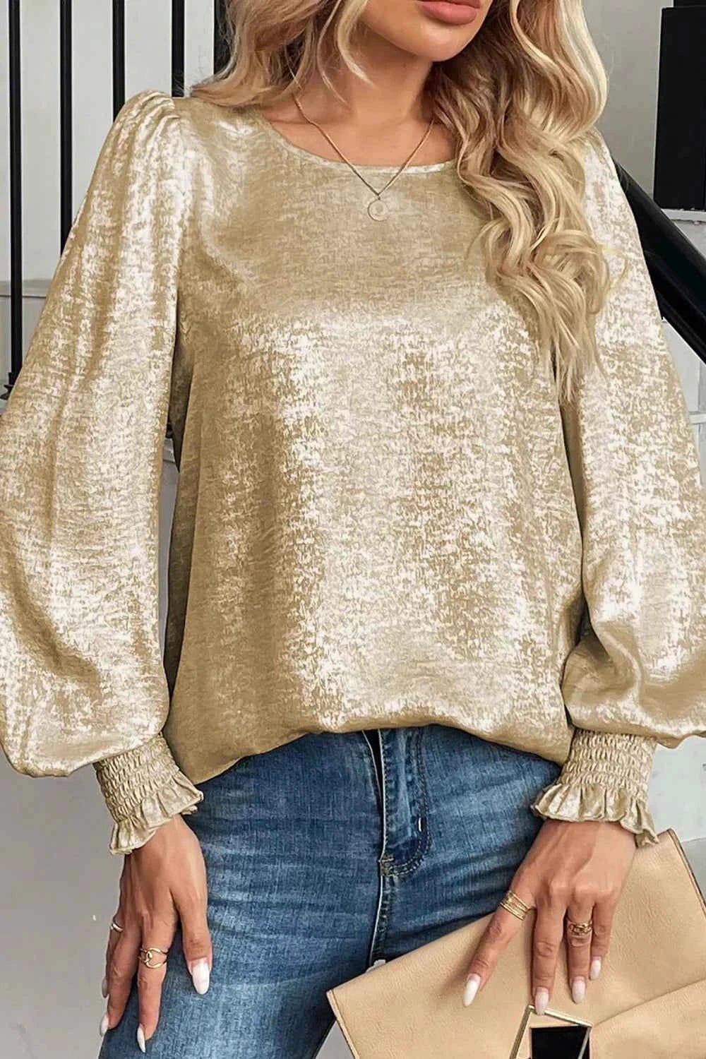 Round Neck Lantern Sleeve Blouse 7df81904-3fee-46d8-9beb-284bda6d8182-Max-Origin