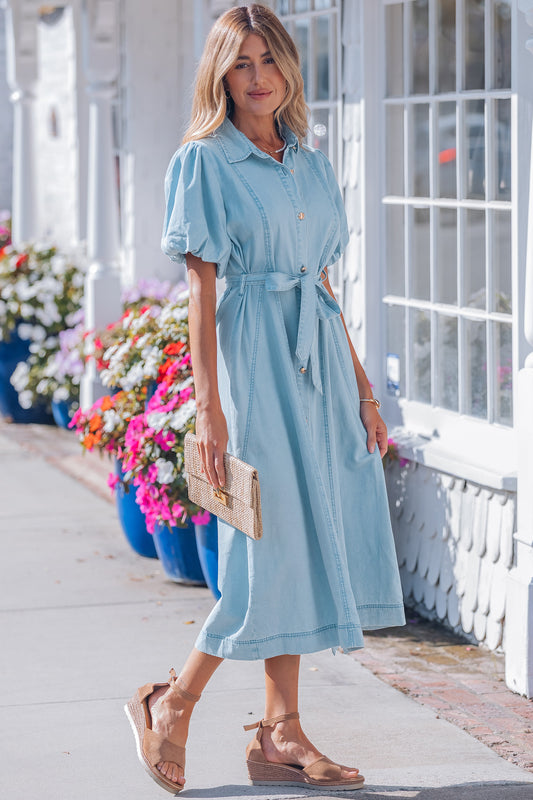 Beau Blue Full Buttons Collared Short Bubble Sleeve Long Denim Dress 7dfd4175d7b26231