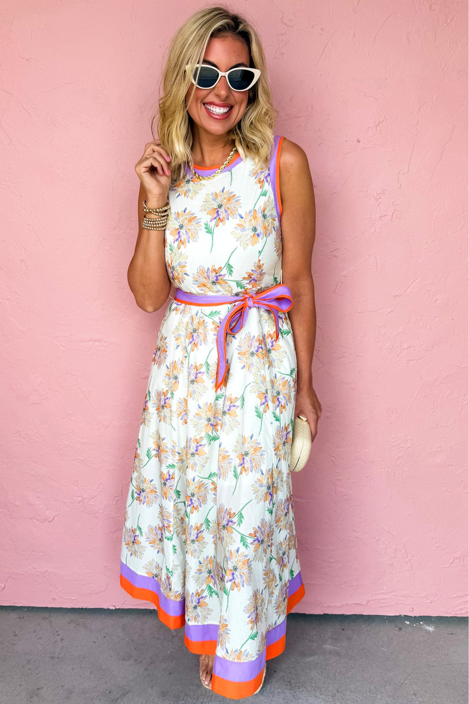 White Floral Print Color Block Trim Belted Sleeveless Maxi Dress 7e0b476073c004d4