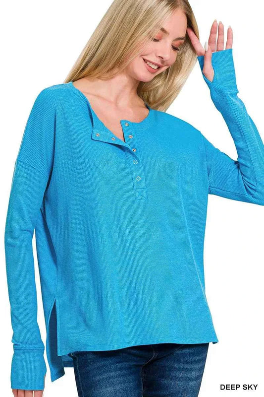 Zenana Waffle Thumb Hole Cuffs Henley Tee DEEP SKY 7e0c914472374b009bdaf335634d684f-Max-Origin