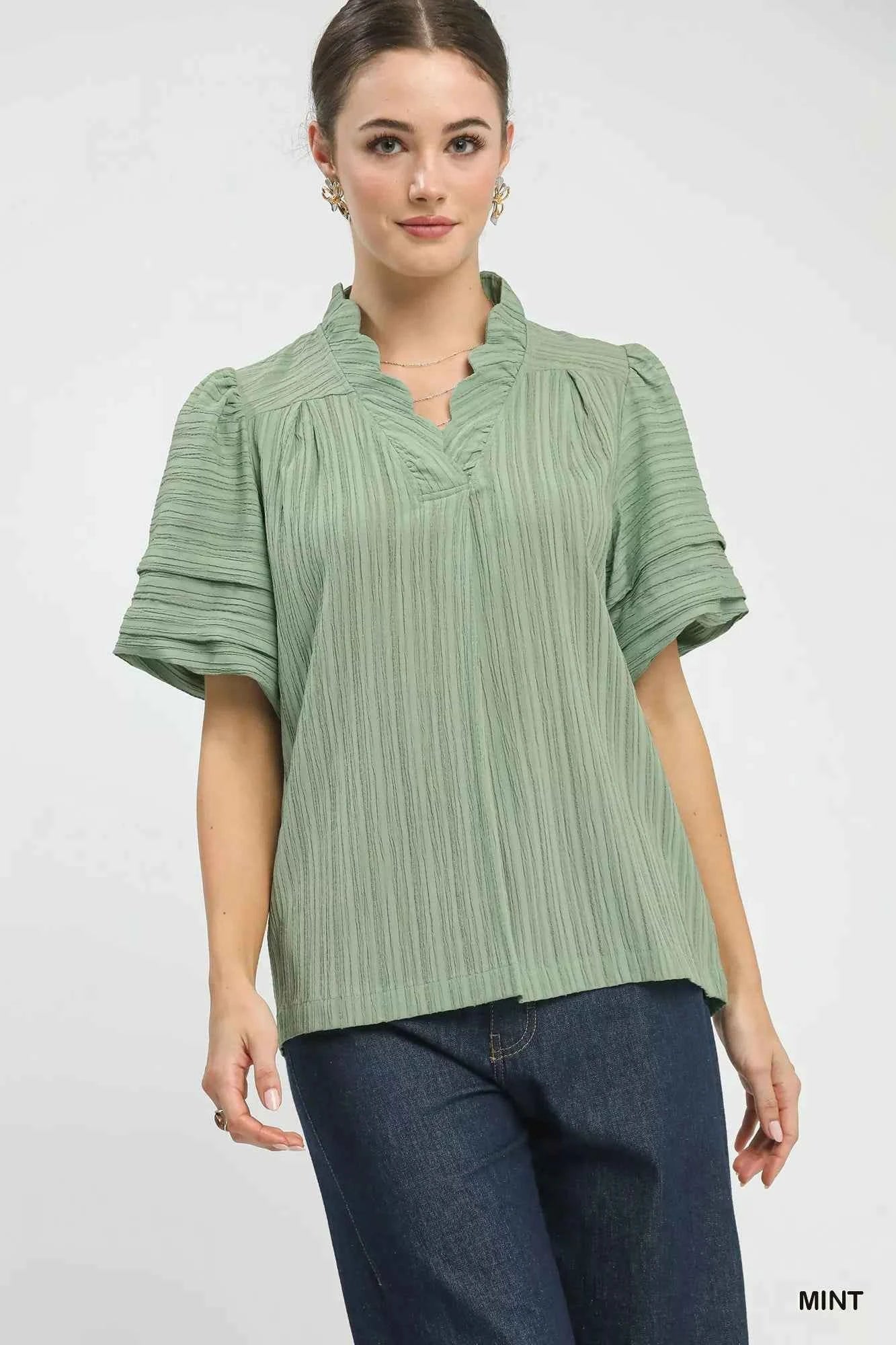 Umgee Seersucker Bubble Sleeve V-Neck Blouse MINT 7e0f3188-de25-43f6-9d50-6279a9a698b7-Max-Origin