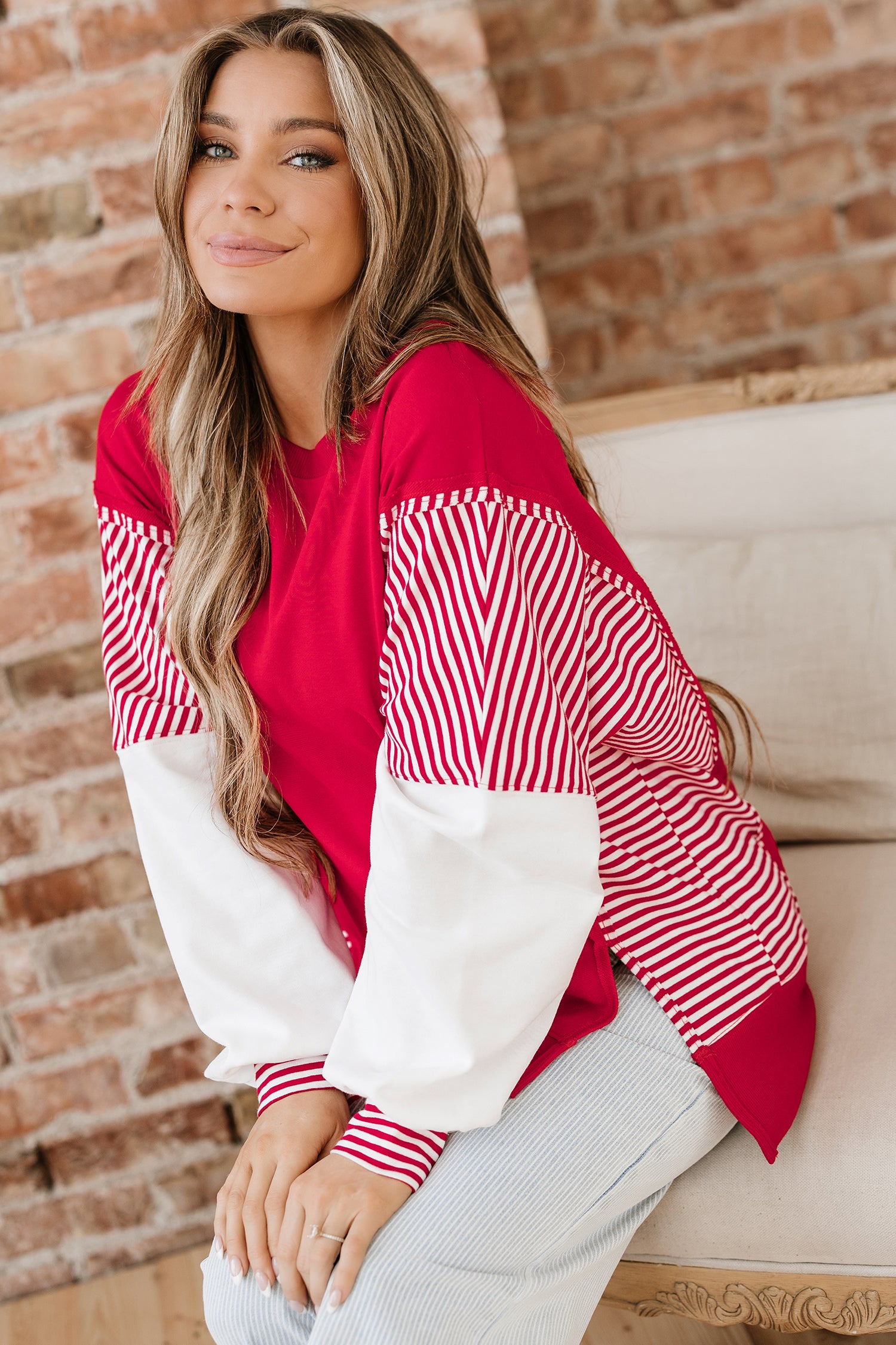 Racing Red Striped Patchwork Sleeve Colorblock Sweatshirt 7e0f95fcf1b4268f