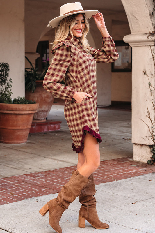Red Plaid Print Ruffled Long Sleeve Patchwork Hem Mini Shirt Dress 7e117e90a0a60e4f