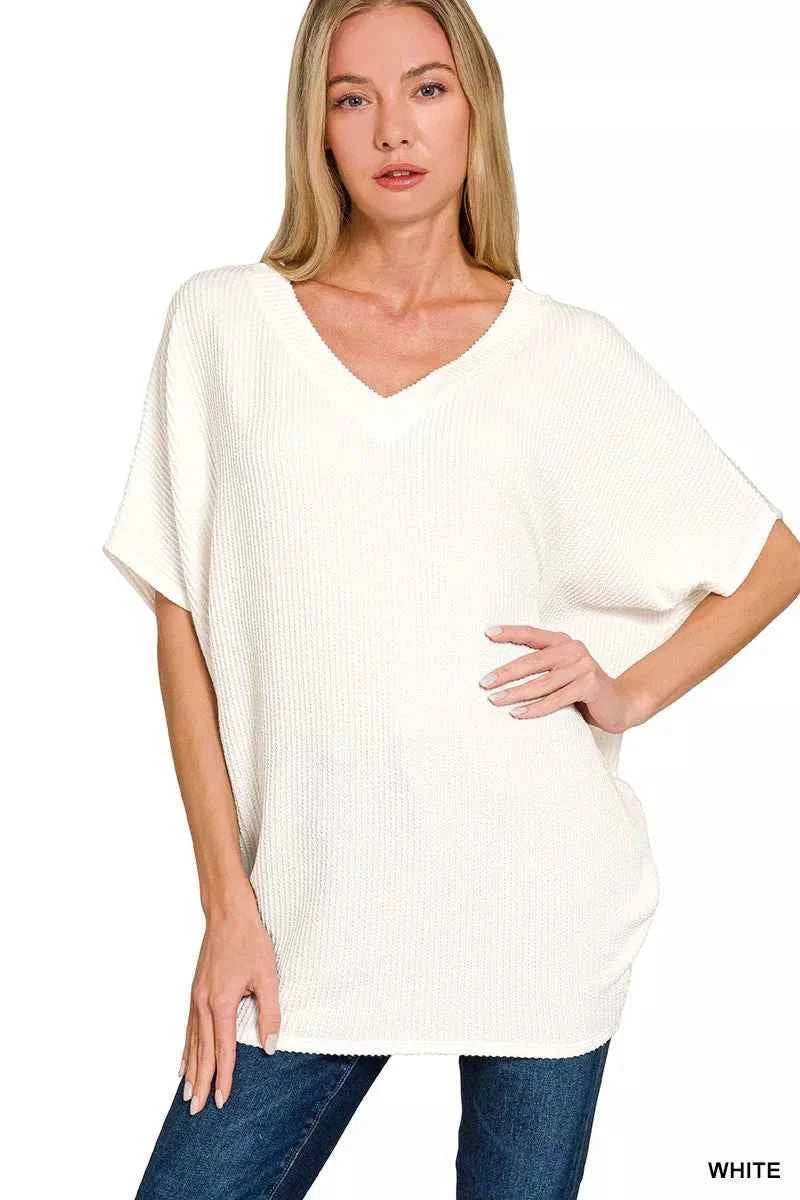Zenana Raised Rib V-Neck Batwing Top WHITE 7e11eb20c45c45958e618ce200beac78-Max-Origin
