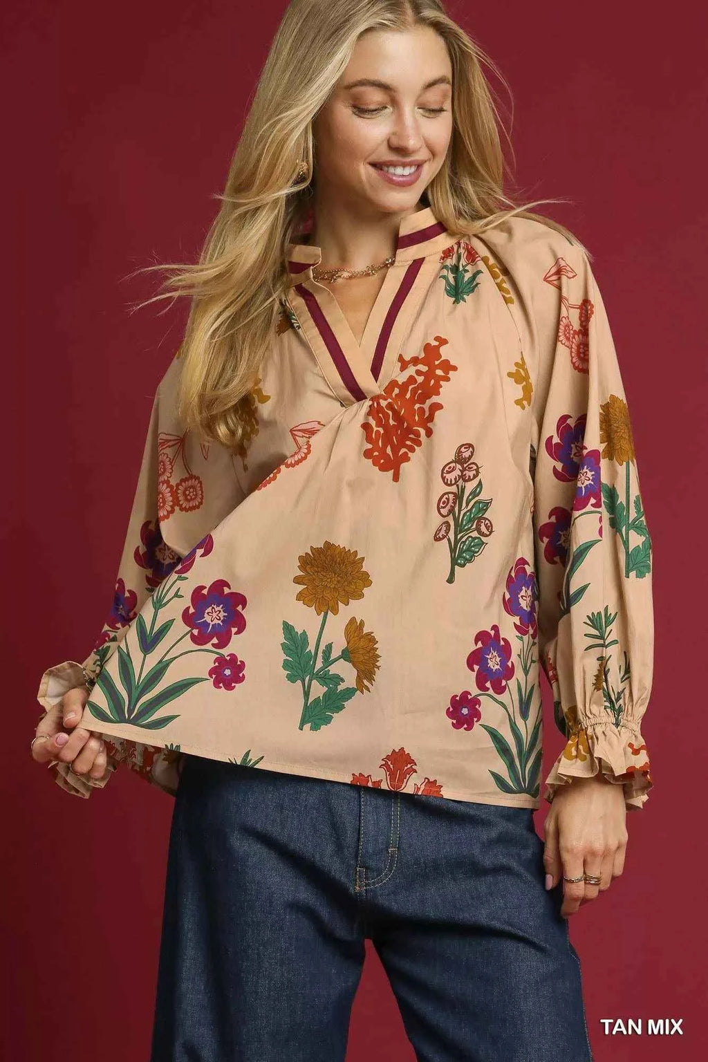 Umgee Floral Print Flounce Sleeve Blouse 7e15c8da-795a-4792-8d05-66c4f796e98d-Max-Origin