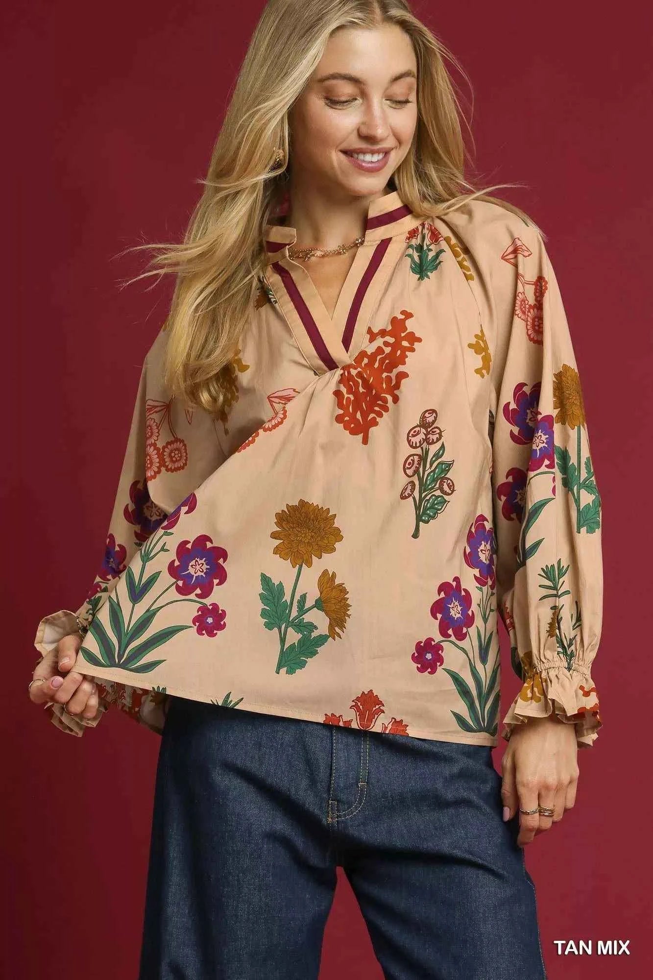 Umgee Floral Print Flounce Sleeve Blouse 7e15c8da-795a-4792-8d05-66c4f796e98d-Max-Origin