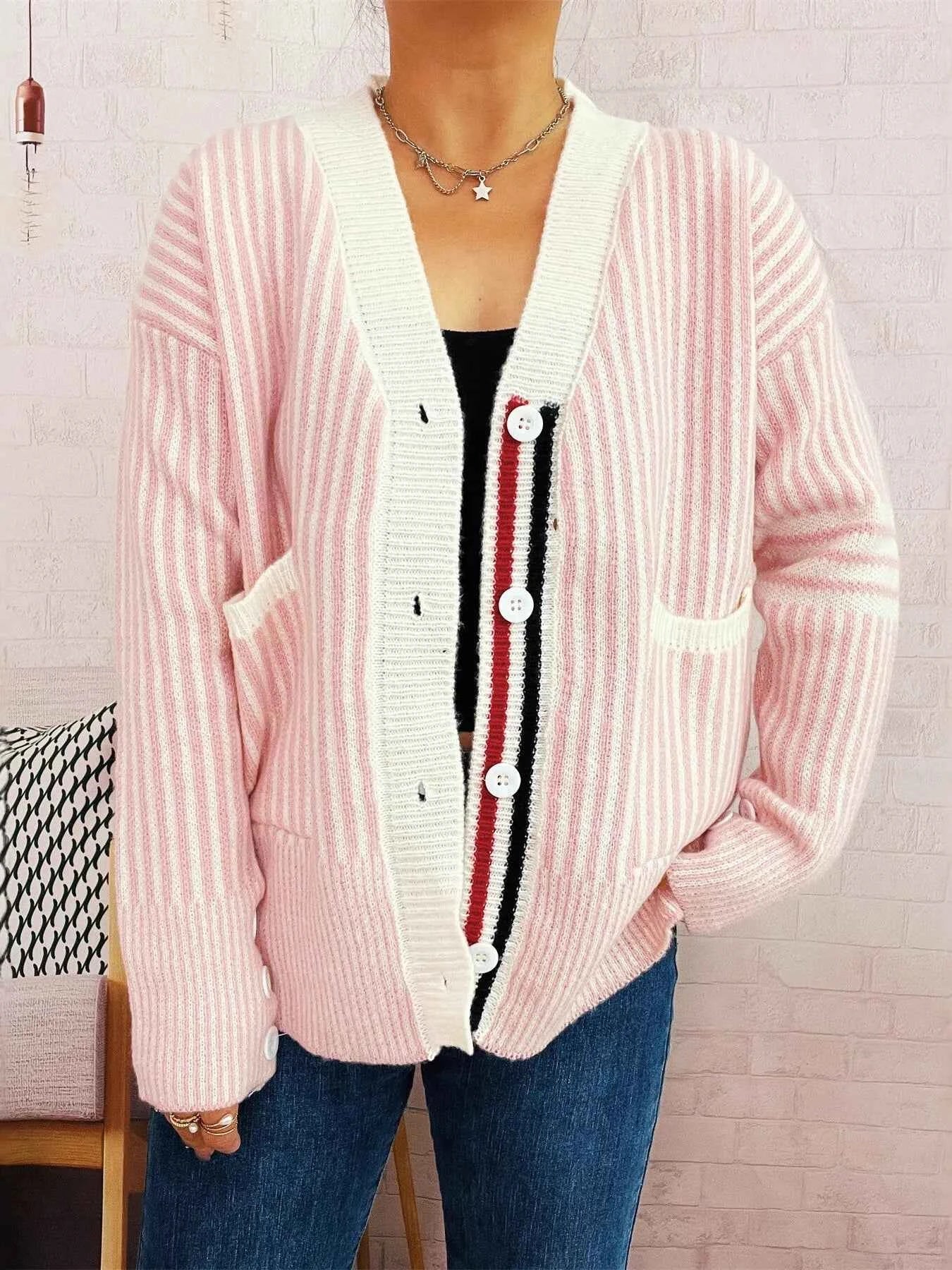 Striped Button-Front Cardigan with Contrast Trim Pink One Size 7e1a20619935482ab65e37670c97fde9-Max-Origin