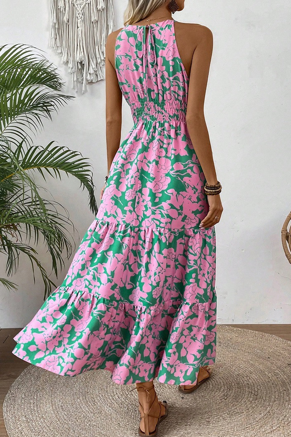Pink Floral Shirred High Waist Tiered Halter Dress 7e1a2296cf844d90