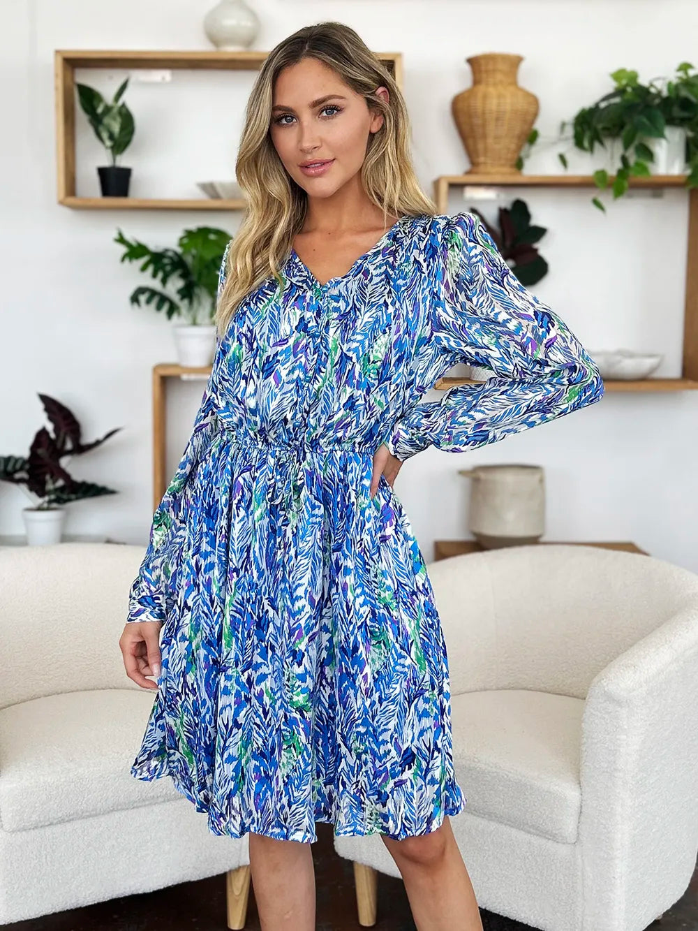 Double Take Full Size Printed Drawstring Waist Long Sleeve Dress 7e1a7d8d-c926-44fb-ae9f-06957234d59f-Max