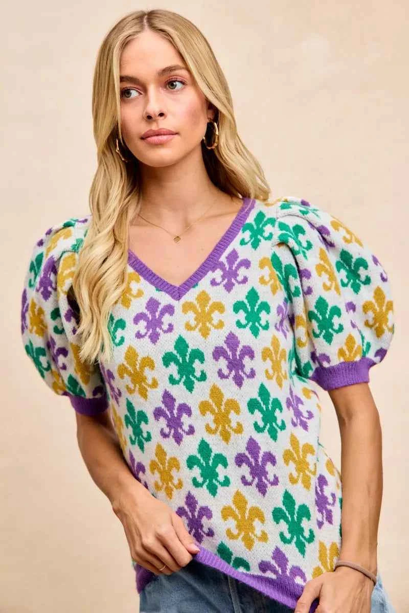 BiBi Mardi Gras Fleur De Lis Patterned V Neck Knit Top 7e2153d1a25d438bbbc1cf00ae8bf330-Max-Origin
