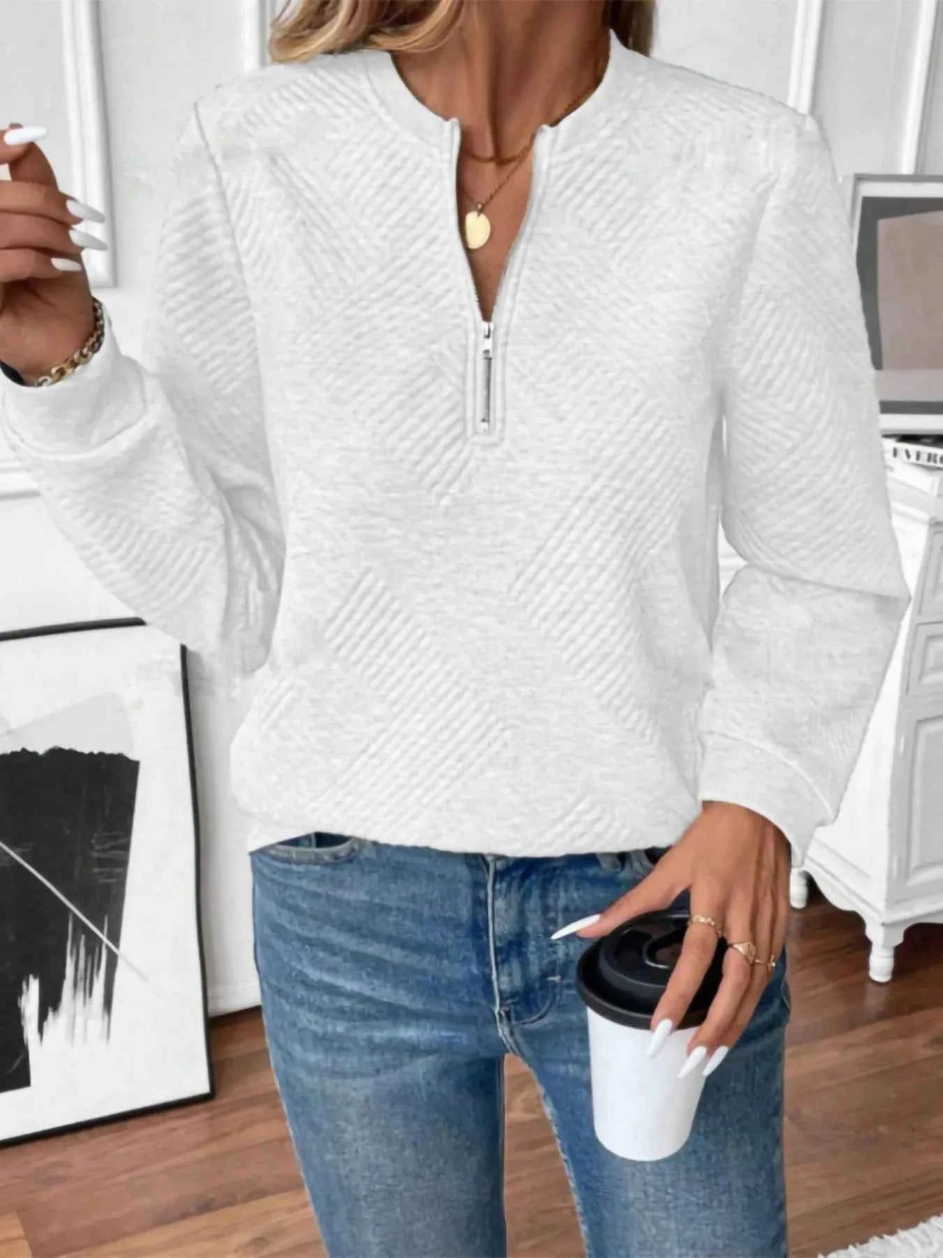 Quarter Zip Textured Long Sleeve Sweatshirt 7e269845155645f3998f8a9daa7d6254-Max-Origin