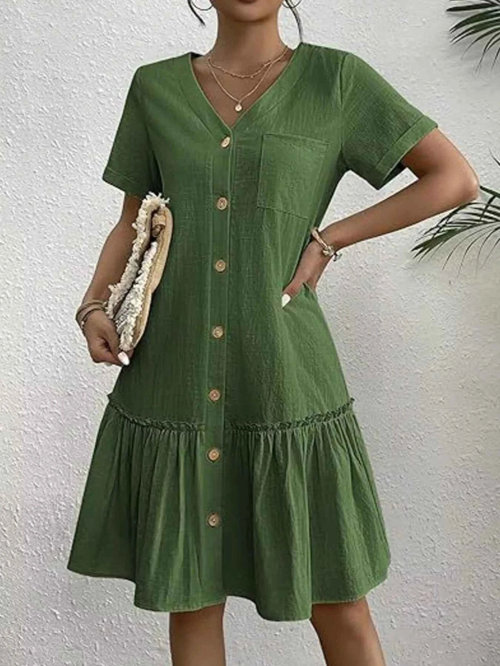 Full Size Button-Front Short Sleeve Tiered Dress Plus Size 7e2cfb4e-7300-4850-80c4-689122044e9d-Max-Origin