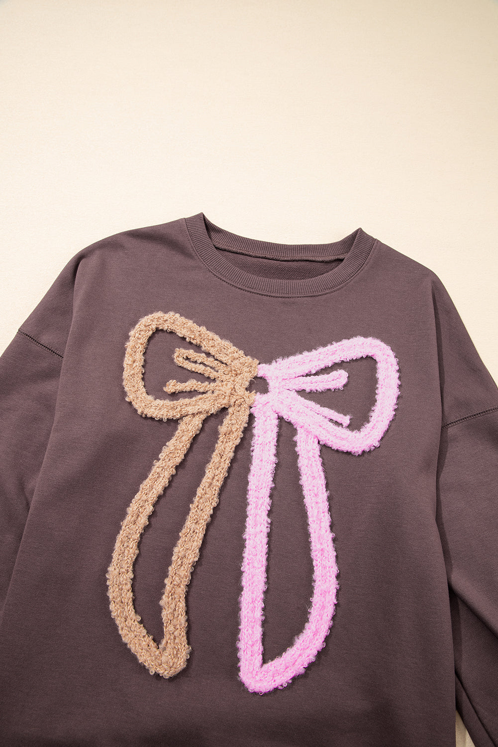 Dark Khaki Terry Bow Pattern Drop Shoulder Sweatshirt 7e3012ef8ceaa64a