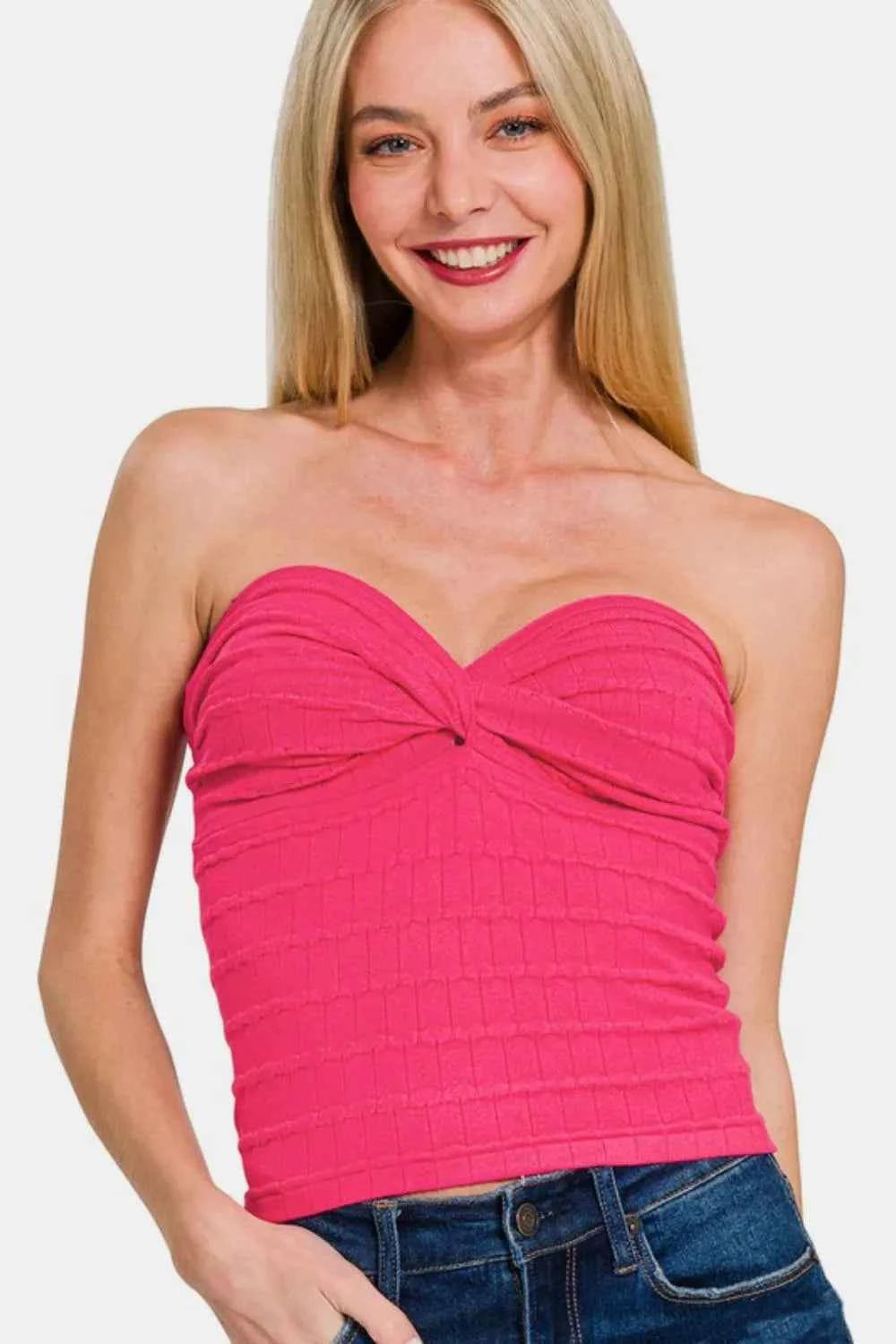 Zenana Ruched Twisted Sweetheart Neck Top HOT PINK 7e3742e3-679a-4e4b-8544-aaae64a4eca1-Max