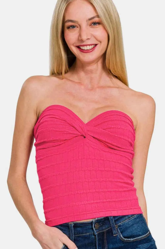 Zenana Ruched Twisted Sweetheart Neck Top HOT PINK 7e3742e3-679a-4e4b-8544-aaae64a4eca1-Max