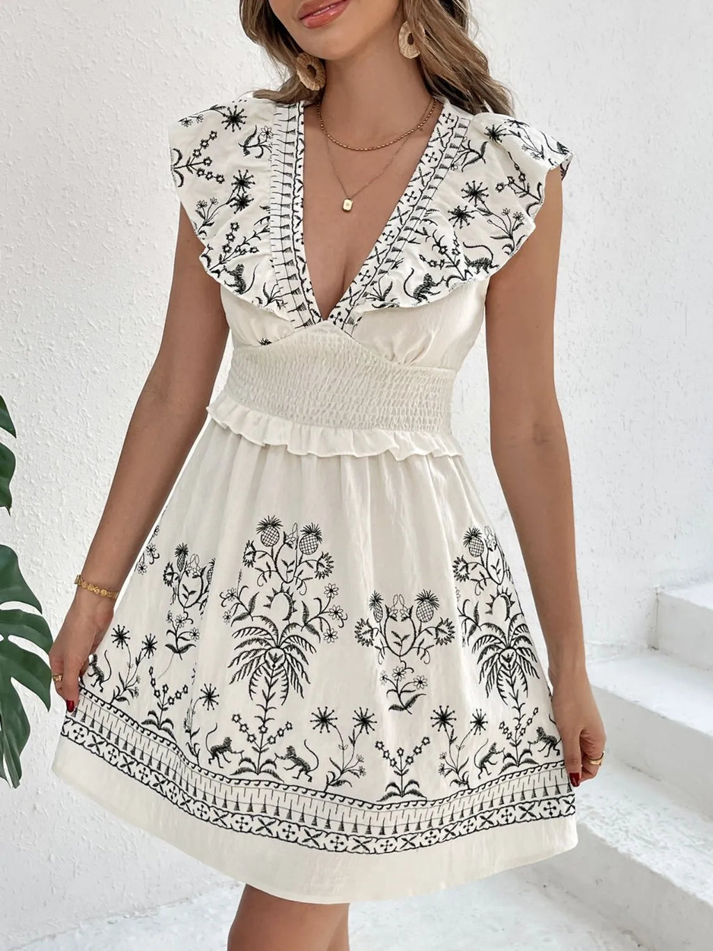 Smocked Ruffled Cap Sleeve Mini Dress Cream 7e37f221-c1c8-4681-8dd5-5987e6e3c302-Max-Origin