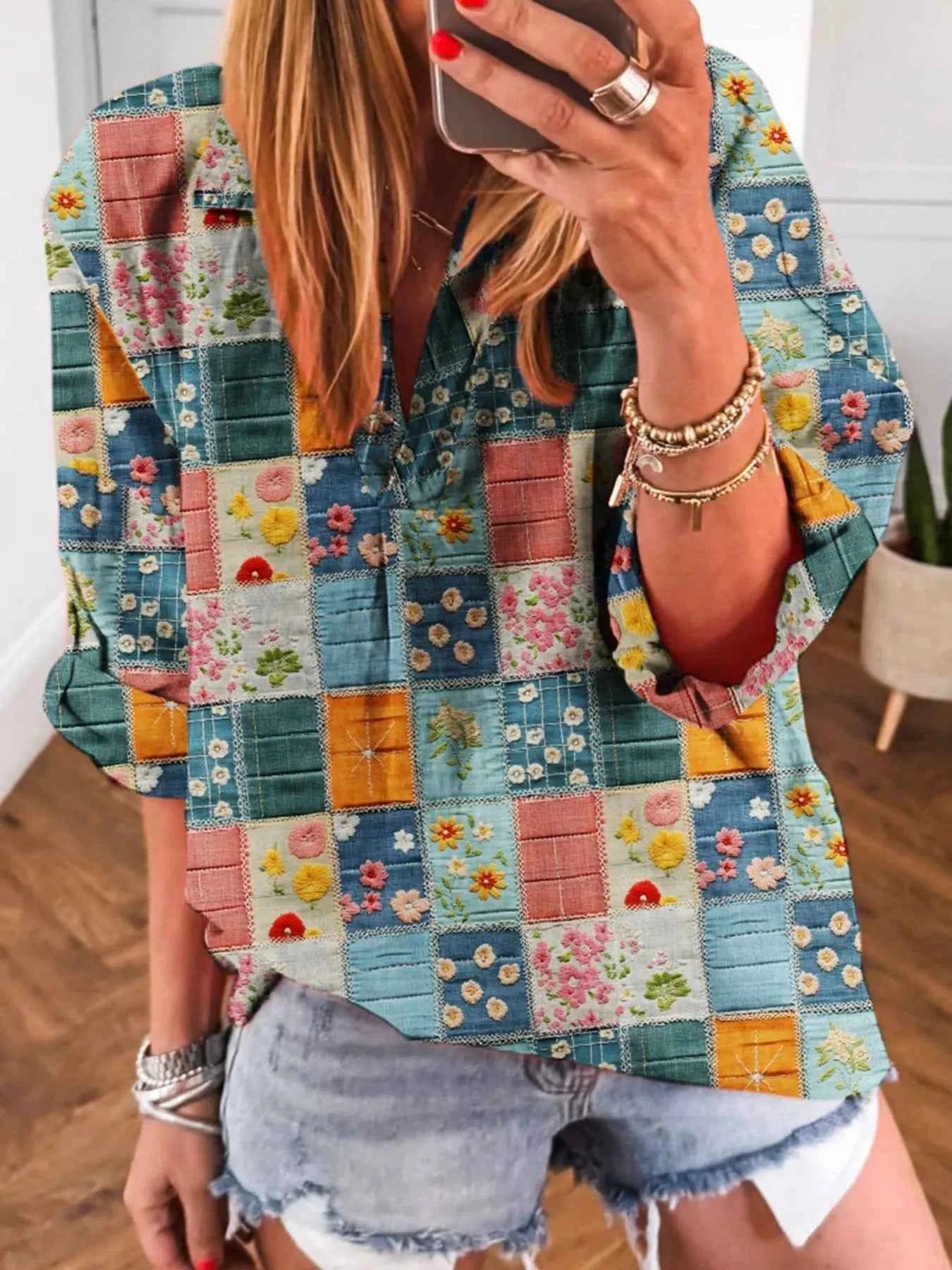 Patchwork Print Notched Long Sleeve Blouse 7e3b550f-92a0-45ed-9c86-3f989844db6c-Max-Origin