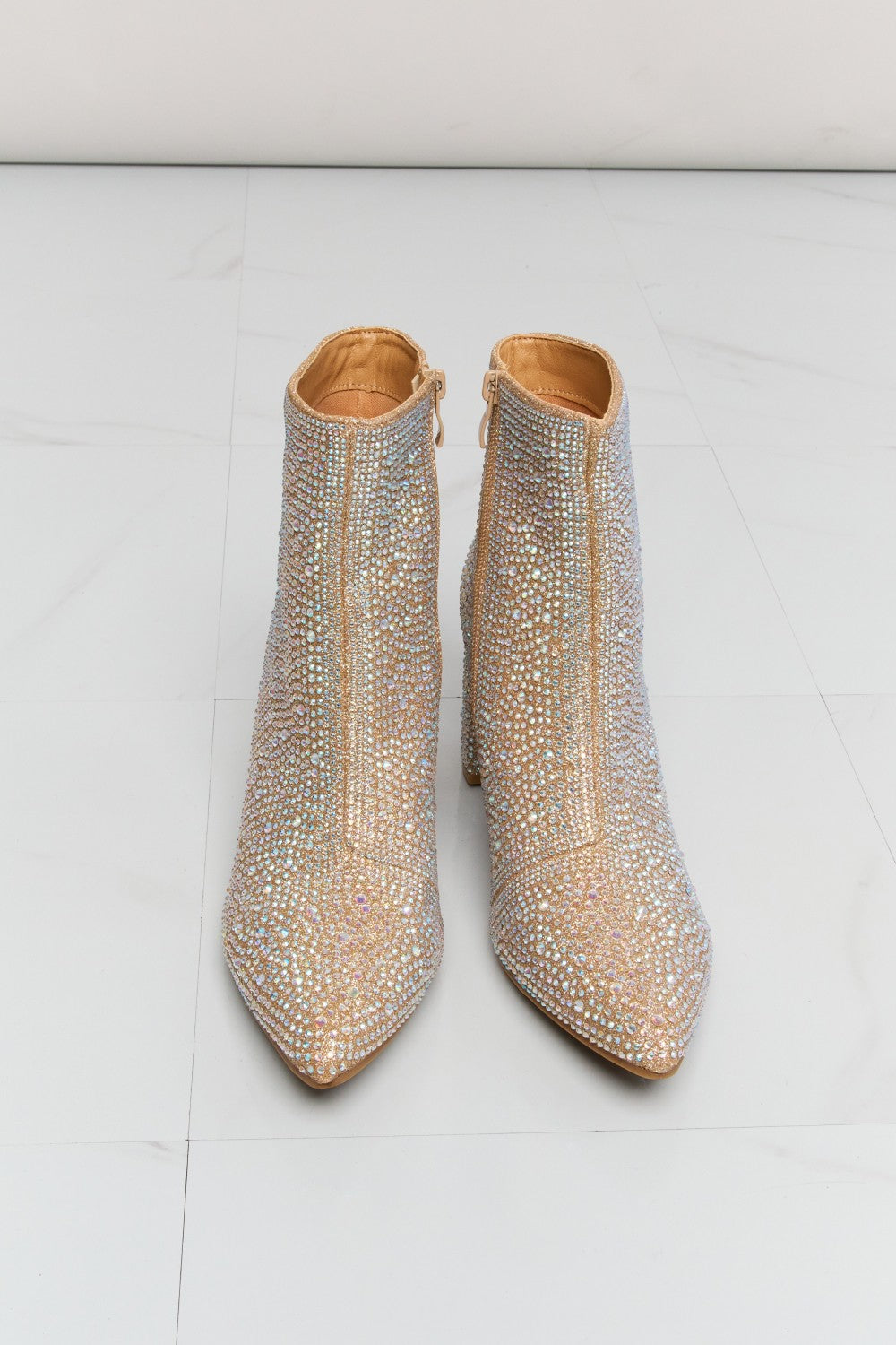 Forever Link Rhinestone Pointed Toe Mid Block Heel Booties 7e40f1b40784422ab4ee62746231db7f-Max