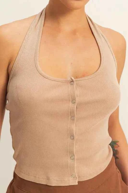 HYFVE Halter Neck Buttoned Washed Top 7e42a09940b14d5d9483a11e95433f7c-Max-Origin