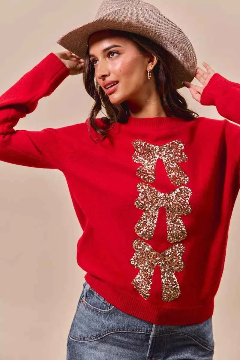 SO ME Sequins Bow Ribbon Embellished Christmas Sweater 7e430c2bc0f34264ae79f22261714a7c-Max-Origin