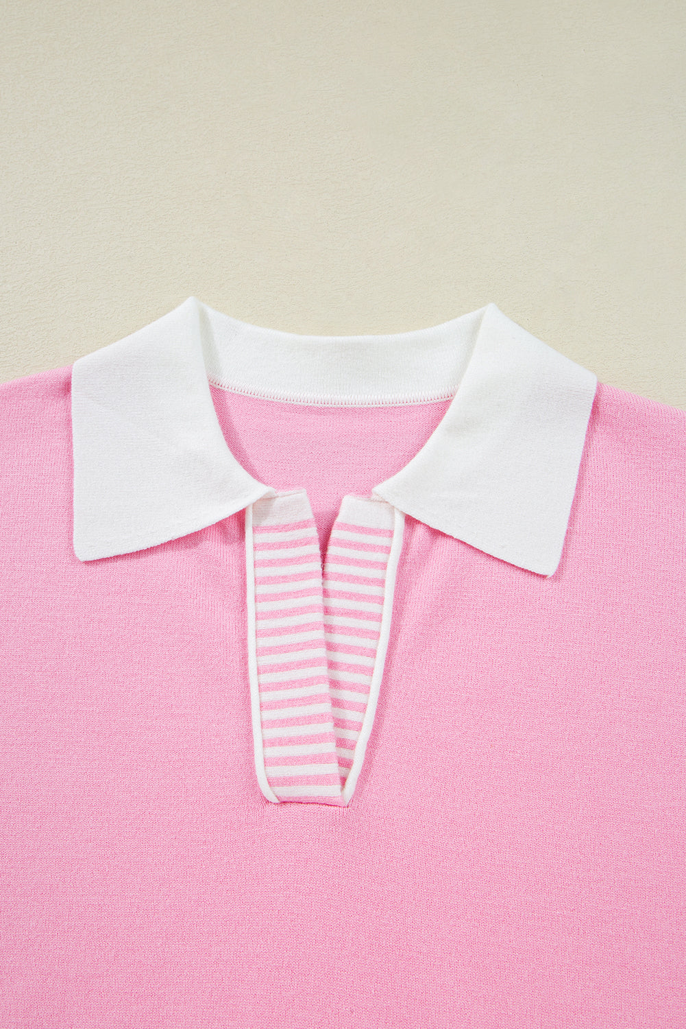 Pink Striped V Neck Collared Colorblock Patchwork Sweater 7e451caccca8aa78